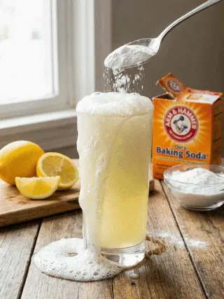 Animated preview of a foaming lemon-colored drink with baking soda on a kitchen table