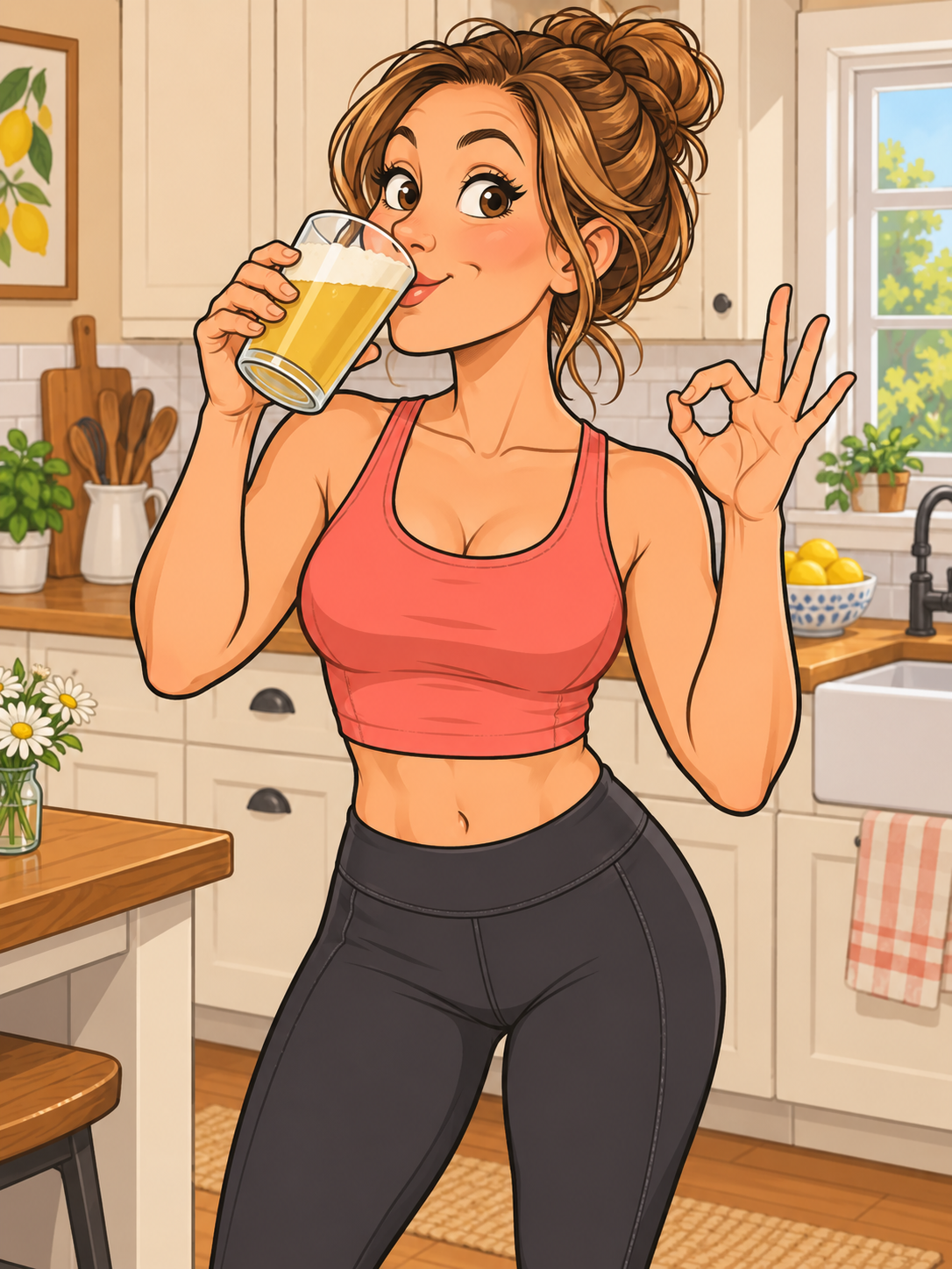 Illustrated adult woman in workout clothes sipping a foamy drink and making an OK hand gesture in a kitchen